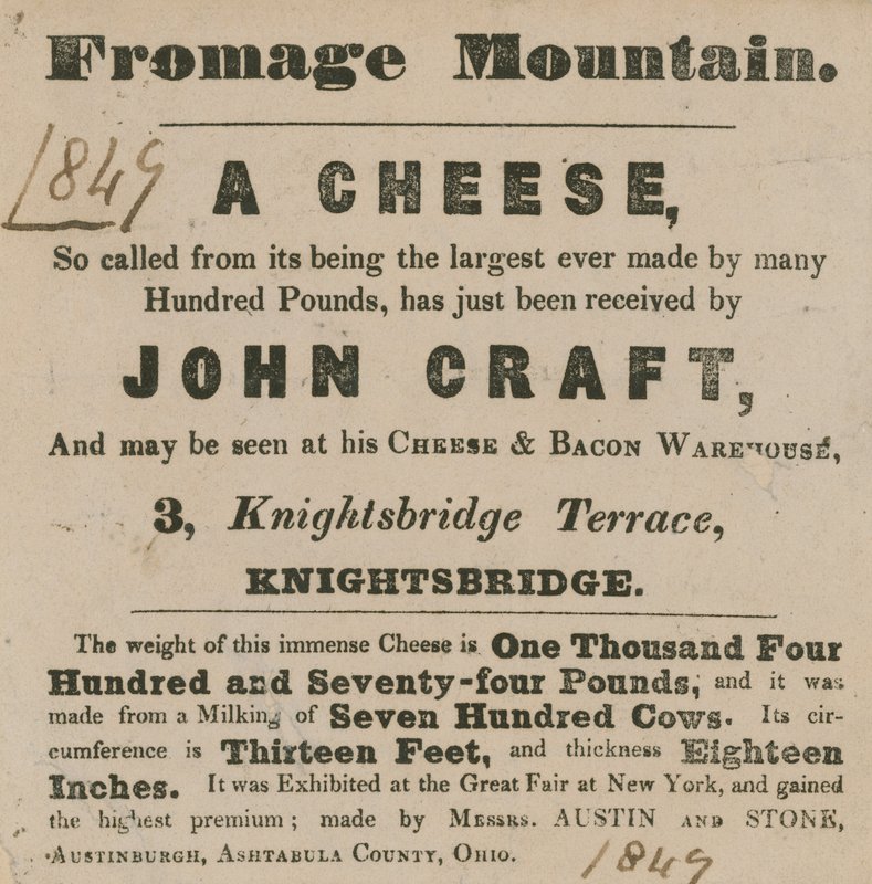 Annonce for udstillingen af en ost kendt som Fromage Mountain af English School