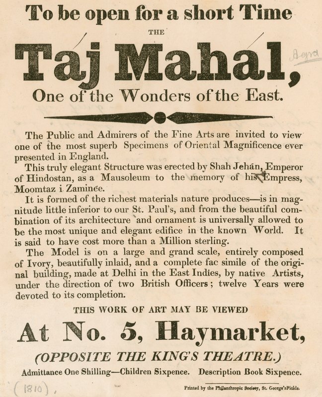 Annonce for udstillingen af en model af Taj Mahal på 5 Haymarket, London af English School