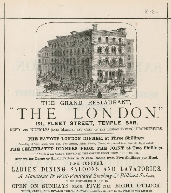 Annonce for den store restaurant The London, 191 Fleet Street, Temple Bar af English School