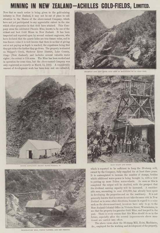 Annonce, minedrift i New Zealand, Achilles Gold-Fields (gravering) af English School