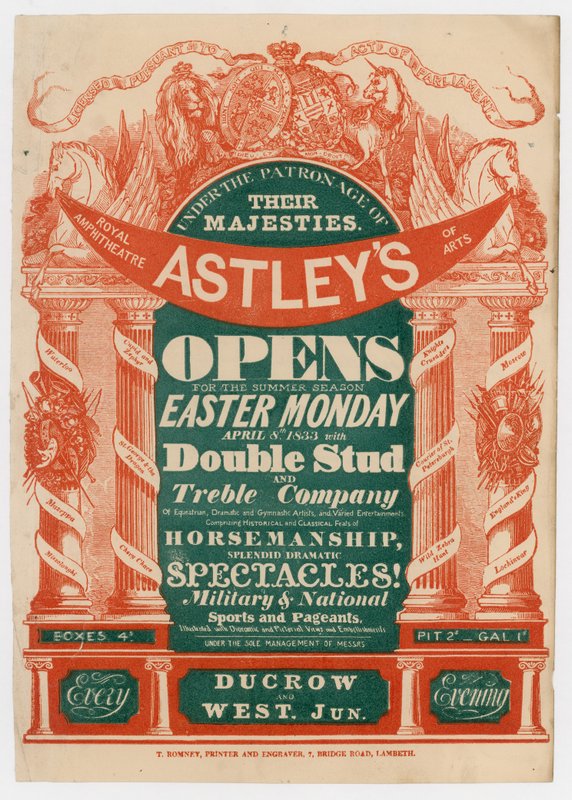Annonce for Astleys Amphitheatre, åbning til sommersæsonen, 8. april 1833 af English School