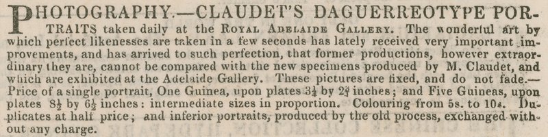 Annonce for Claudets Daguerreotype-portrætter af English School
