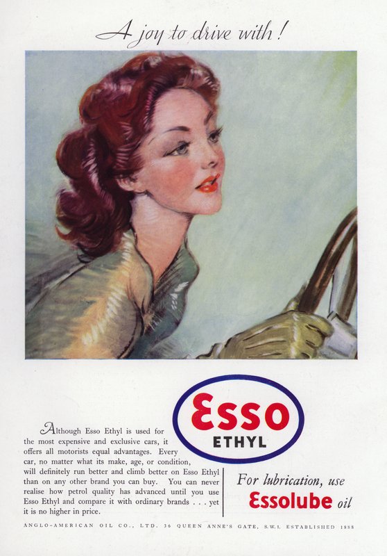 Annonce for Esso Ethyl Oil, der viser glamourøs kvinde kørende, 1937 af English School
