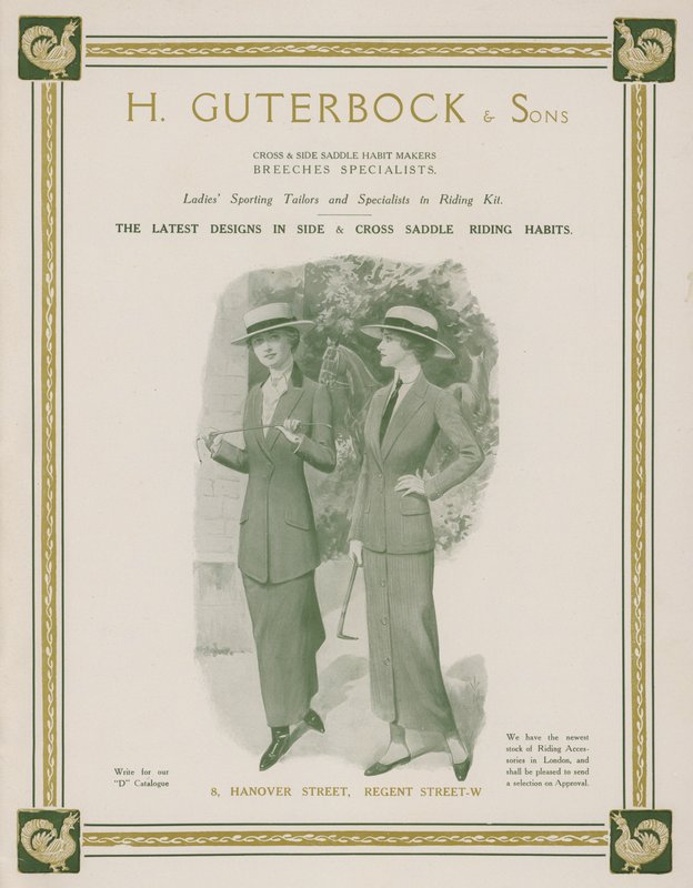 Annonce for H Guterbock & Sons, sportsskræddere til kvinder og specialister i ridesæt (farve litho) af English School