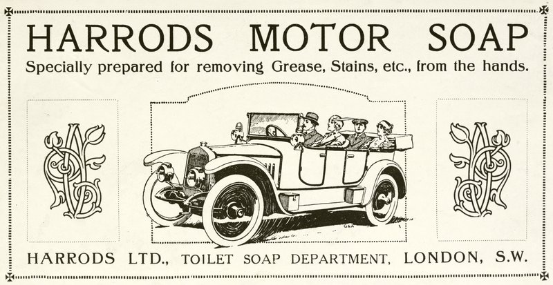 Annonce for Harrods motorsæbe (litho) af English School