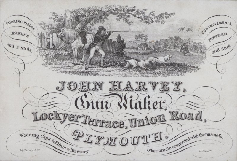 Advertisement for John Harvey, gun maker, Plymouth, Devondani af English School