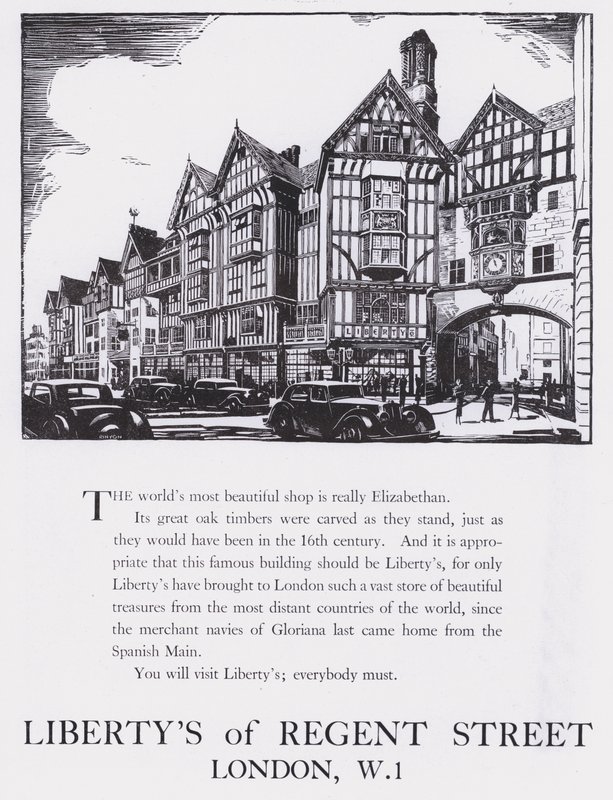 Annonce for Libertys Of Regent Street, London, ca. 1944 (træsnit) af English School