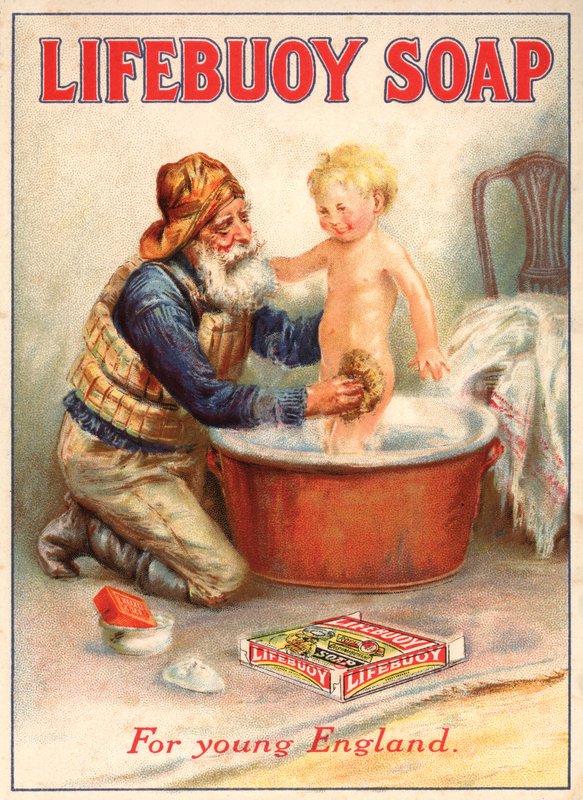 Advertisement for Lifebuoy soap showing a lifeboatman bathing a childdani af English School
