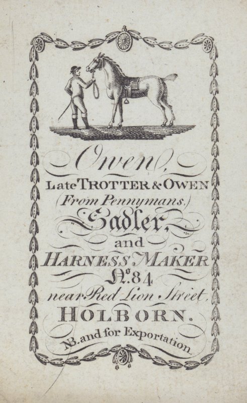 Annonce for Owen, sadelmager og seletøjsmager, London (litografi) af English School
