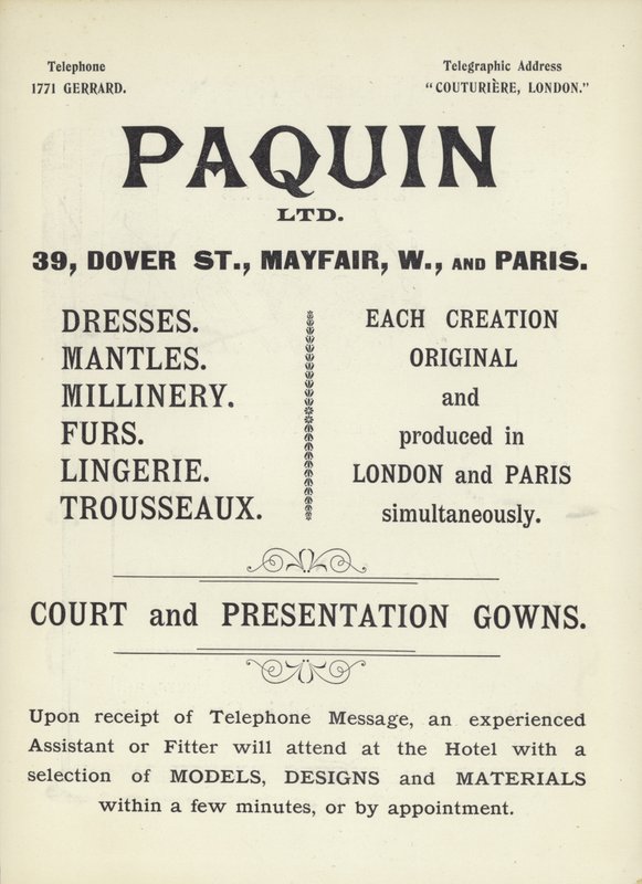 Annonce for Paquin, kjolemagere af English School