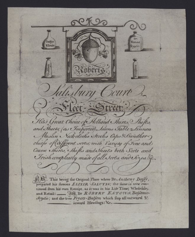 Annonce for Roberts, tøjhandlere, Salisbury Court, Fleet Street, London, hvor Dr. Anthony Daffy forberedte sin Elixir Salutis (gravering) af English School