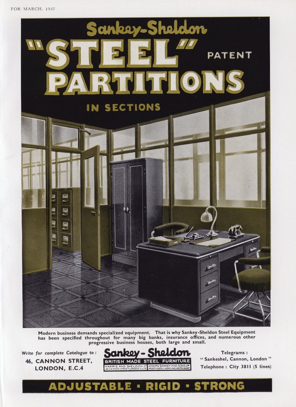 Annonce for Sankey-Sheldon stålskillevægge, 1937 af English School