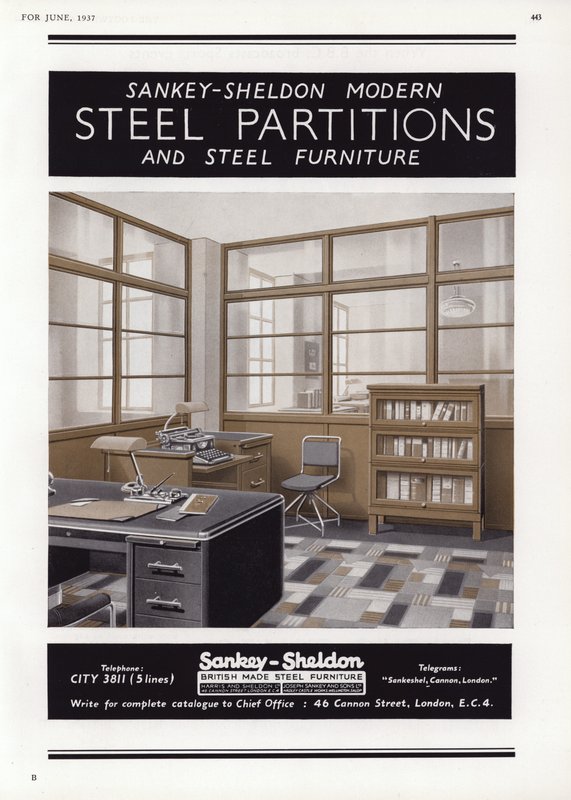Annonce for Sankey-Sheldon stålskillevægge, 1937 af English School