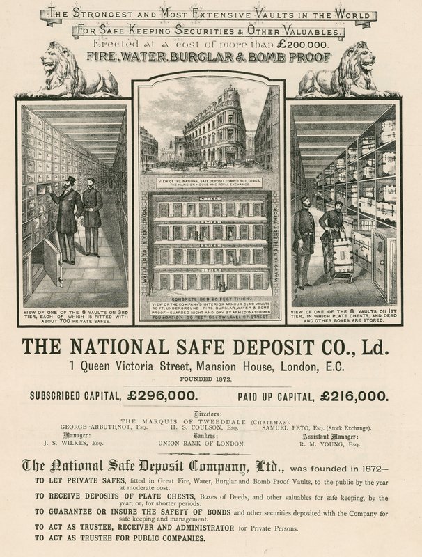 Annonce for The National Safe Deposit Company, 1 Queen Victoria Street, Mansion House, London af English School
