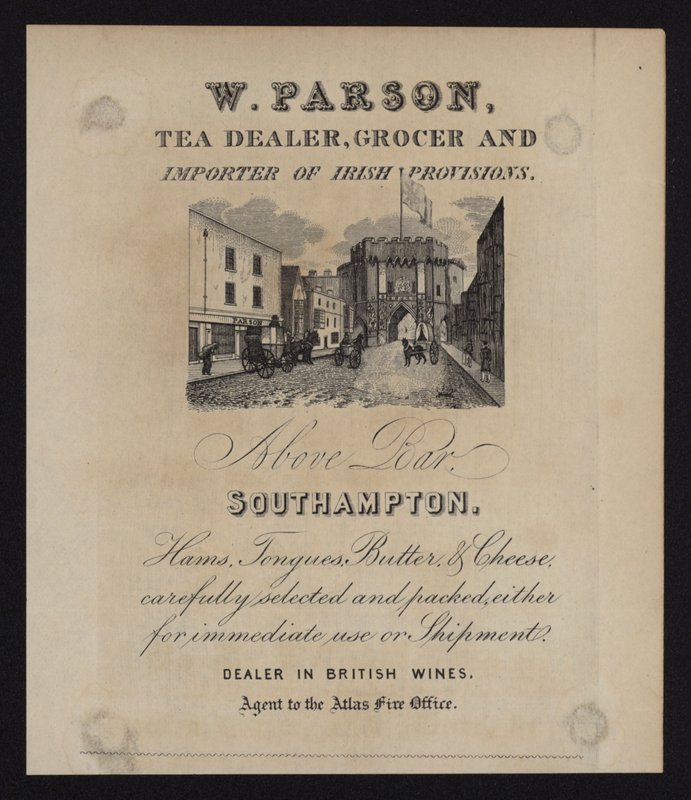 Annonce for W Parson, tehandler, købmand og importør af irske proviant, Southampton, Hampshire af English School