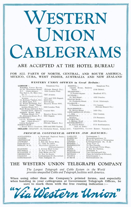 Annonce for Western Union Cablegrams (farve litho) af English School