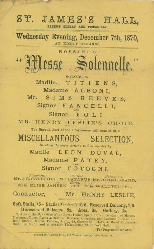 Annonce for en produktion af Rossinis Messe Solennelle af English School