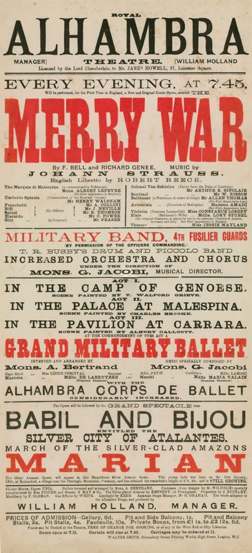 Annonce for Royal Alhambra Theatre, med Merry War af F Bell og Richard Genee med musik af Johann Strauss af English School