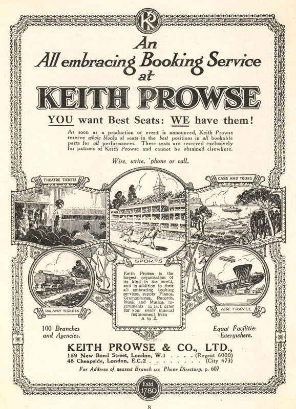 Annonce for billetbestillingstjenesterne hos Keith Prowse & Co, Ltd (litho) af English School