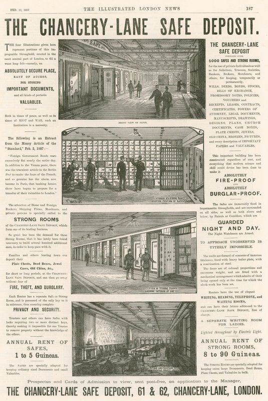Annoncering for Chancery Lane Safe Deposit, 61-62 Chancery Lane, London; af English School