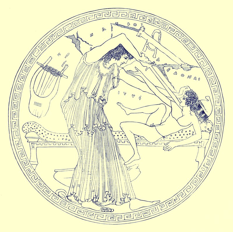 Aedon slays Itys, illustration from "Greek Vase Paintings" by J. E. Harrison and D. S. MacColl, published 1894dani af English School