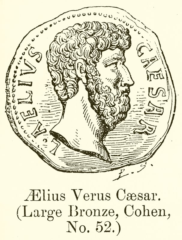 Aelius Verus Caesar. (Stor bronze, Cohen, nr. 52) (gravering) af English School