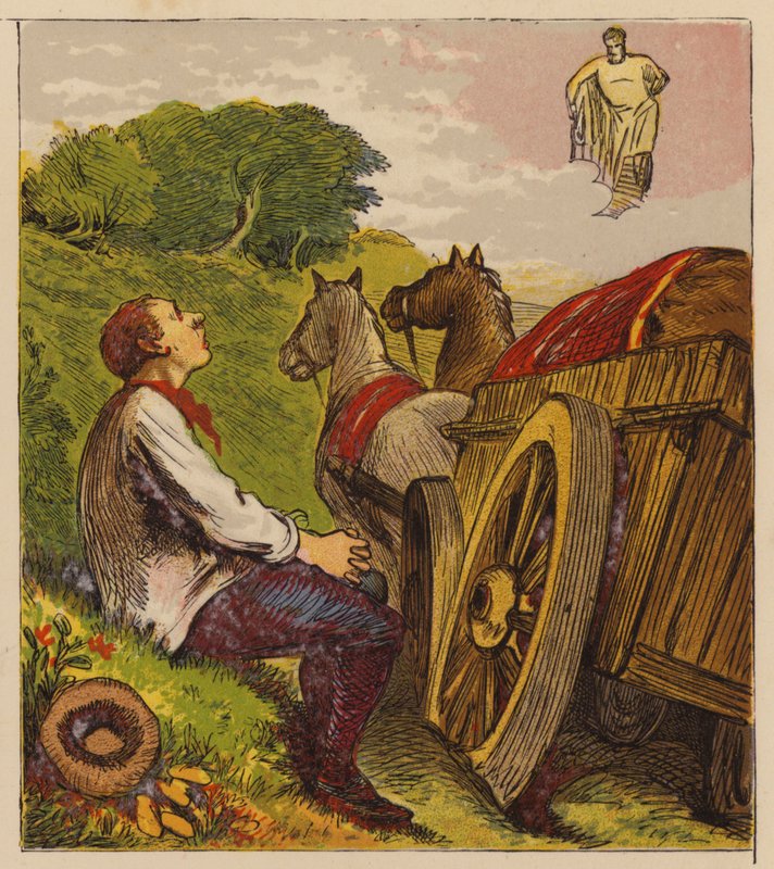 Æsops fabler: Hercules and the Wagoner (farve litho) af English School