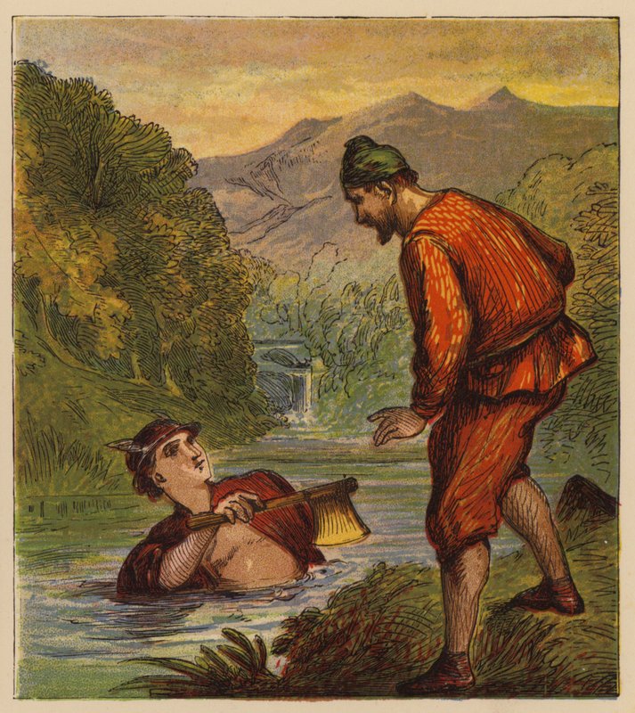 Æsops fabler: Mercury and the Woodman (farve litho) af English School