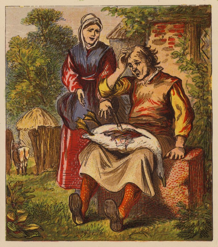 Æsops fabler: Gåsen og de gyldne æg (farve litho) af English School