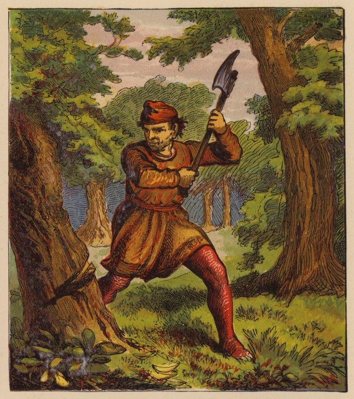 Æsops fabler: Træerne og øksen (farve litho) af English School