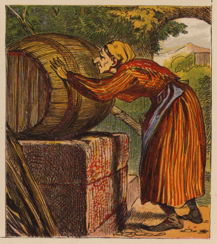 Æsops fabler: Kvinden og vinfaden (farve litho) af English School
