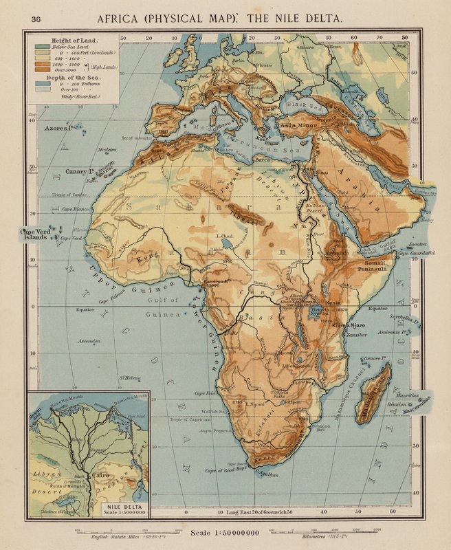 Afrika, fysisk kort, Nildeltaet (farvelitografi) af English School