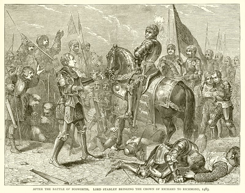Efter slaget ved Bosworth. Lord Stanley bragte Richards krone til Richmond, 1483 af English School