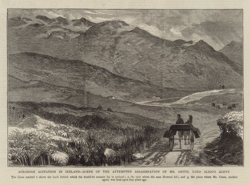 Agrarian Agitation i Irland, scene for attentatforsøg på Mr. Smith, Lord Sligos agent af English School