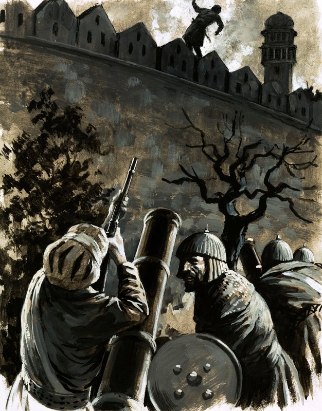 Akbar, kongen af Hindustan, efterlyste en musket og dræbte Jaimal, kommandanten af fortet (gouache på papir) i sigte. af English School