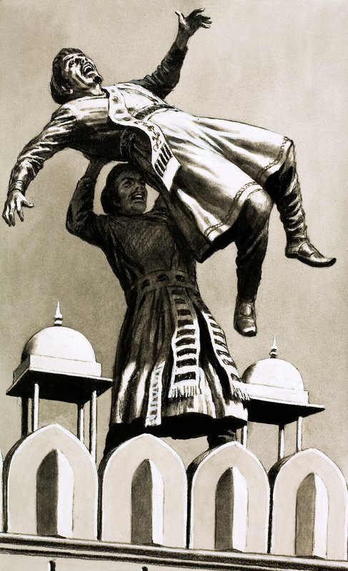Akbar, konge af Hindustan, smed morderen Adham Khan fra toppen af paladset (gouache på papir) af English School