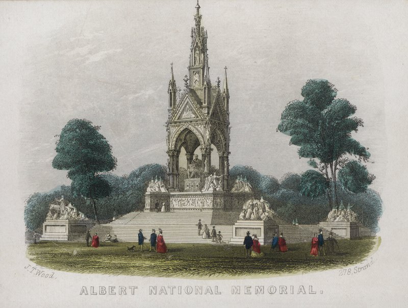 Albert Memorial, Kensington Gardens, London (farvet gravering) af English School