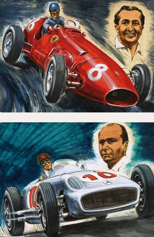 Alberto Ascari kører en Maserati (øverst) og Juan Manuel Fangio kører en Mercedes-Benz (nedenfor) af English School