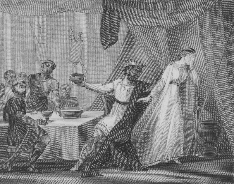 Alboin, konge af langobarderne, kræver, at hans kone Rosamund drikker af hans yndlingskop, lavet af kraniet af hendes far Cunimund, kongen af gepiderne af English School