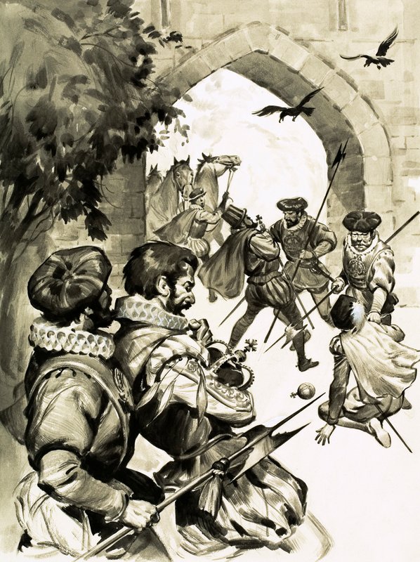 Alle Captain Bloods udførlige planer om at stjæle Englands krone blev til ingenting (gouache på papiret) af English School