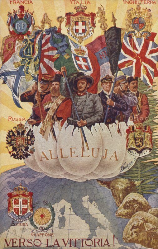 Allierede soldater hejser flag (farvelitografi) af English School