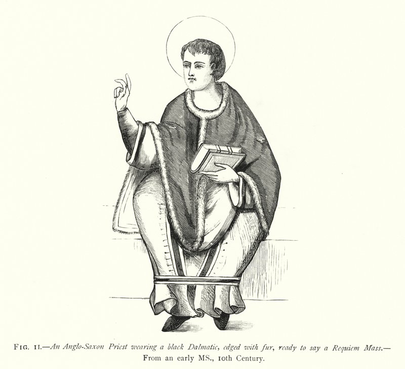 En angelsaksisk præst iført en sort Dalmatic, kantet med pels, klar til at sige en Requiem-messe (gravering) af English School
