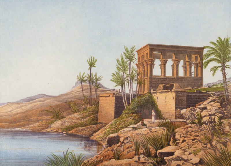 Et egyptisk tempel ved Nilen, Philae (farvelitografi) af English School