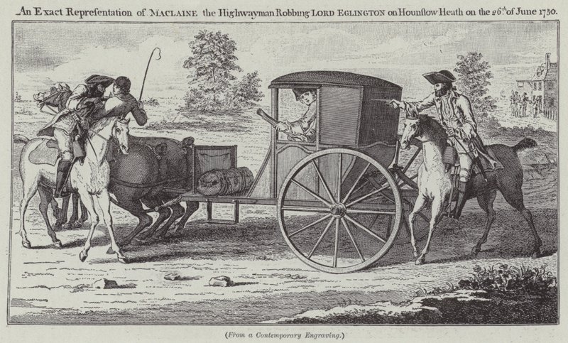 En nøjagtig gengivelse af Maclaine the Highwayman, der røver Lord Eglington på Hounslow Heath den 26. juni 1750 (gravering) af English School