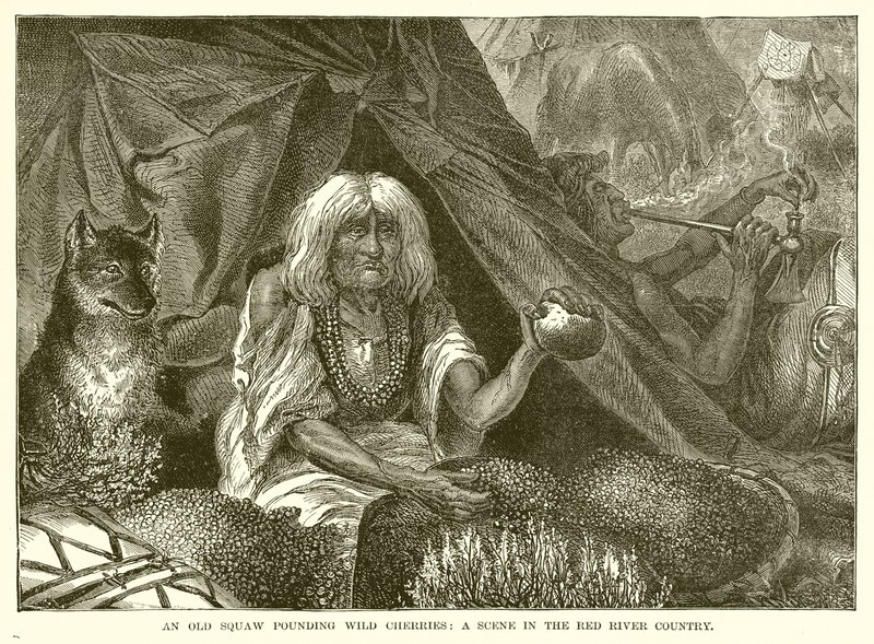 An Old Squaw Pounding Wild Cherries: En scene i Red River Country af English School