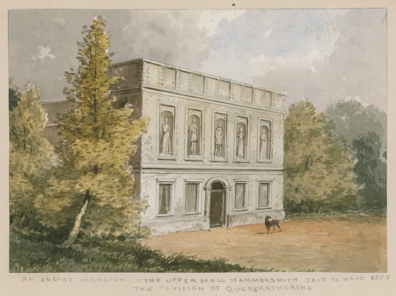 Et gammelt palæ i det øvre indkøbscenter, Hammersmith, siges at have været Dronning Katherines pavillon (wc på papir) af English School
