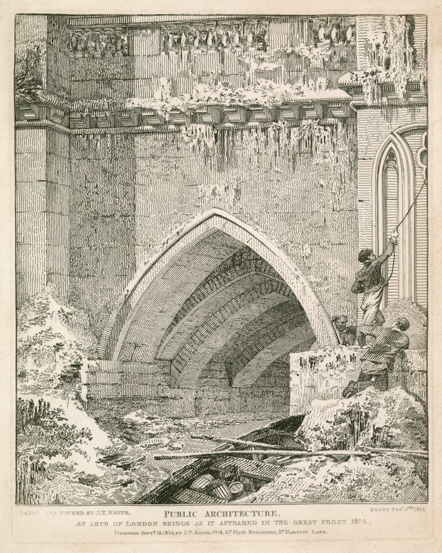 En bue af den gamle London Bridge, som den så ud i Great Frost, 1814 af English School