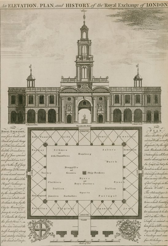 En højde, plan og historie af Royal Exchange, London af English School