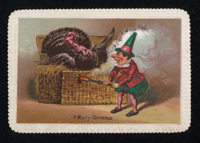 En alf, der ryger en kalkun ud af en kurv, julehilsenskort (chromolitho) af English School