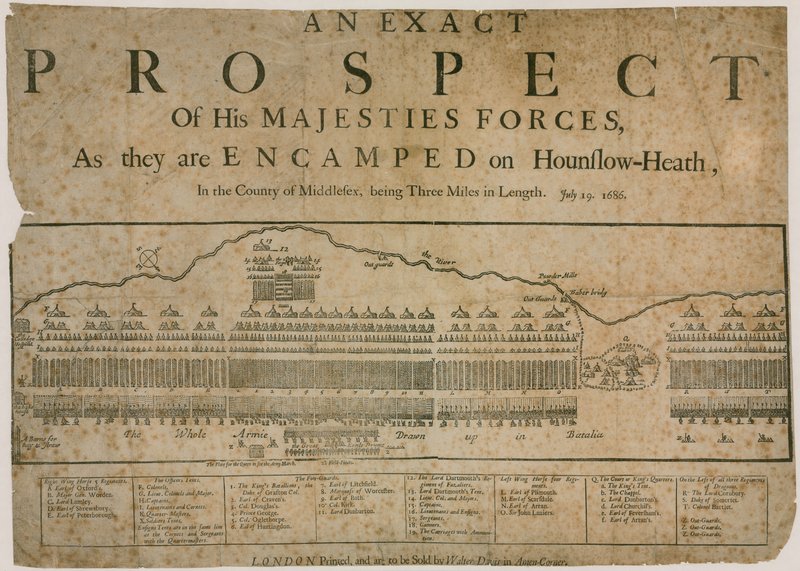 En nøjagtig udsigt til hans Majestys styrker, da de er lejret på Hounslow Heath, 19. juli 1686 af English School